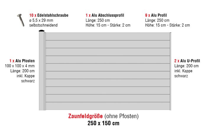 Aluzaun Glasgow komplet ograjnega polja - višina: 150 cm, širina: 250 cm, barva: siva