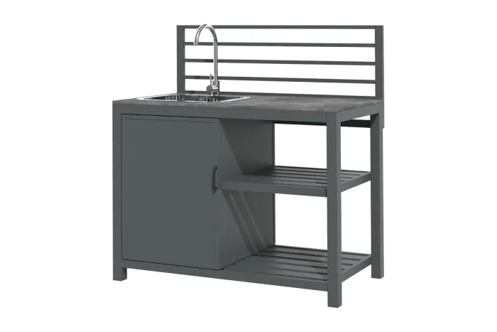 Zunanja kuhinja iz aluminija in sintranega kamna – Modul A s pomivalnim koritom, širina: 1200 mm, globina: 590 mm, višina: 1240 mm
