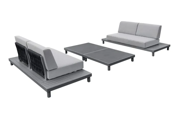 Sitzgruppe Budapest 4-teilig bestehend aus 2x Couch 2-Sitzer, 2x Tisch – Alufarbe: anthrazit, Stofffarbe: hellgrau
