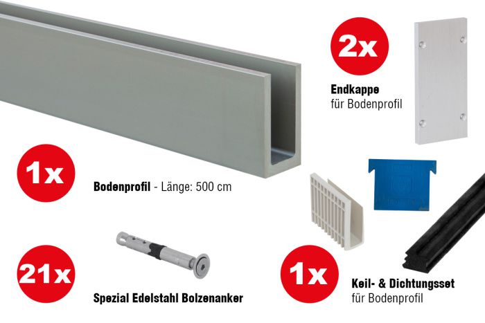 Steklena ograja talna montaža - za talno montažo, za jakost stekla: 20,76-21,52 mm, dolžina: 5 m