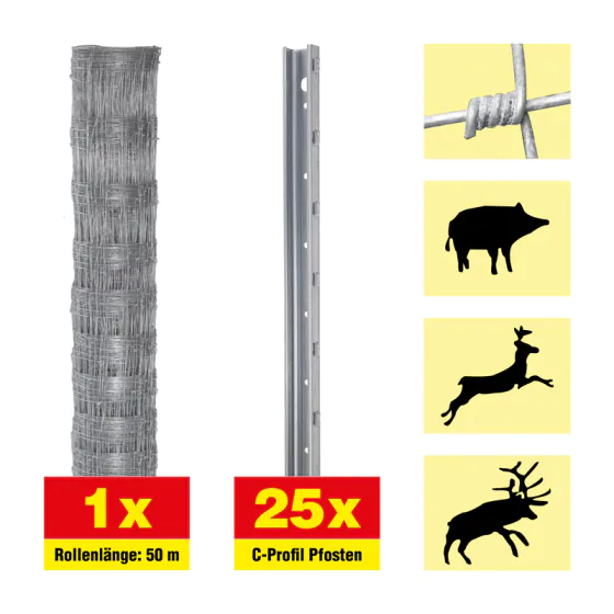 Divji ograja 50 m set Taurus težka - višina: 100 cm, vključno z 25 stebri, horizontalne žice: 8