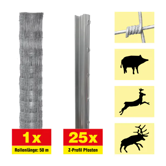 Divji ograji 50 m set Taurus težka - višina: 100 cm, vključno z 25 Z-stebri, horizontalne žice: 10