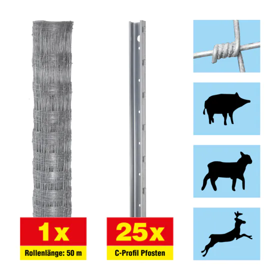 Ovečni ograja 50 m komplet Taurus supertežek - višina: 100 cm, vključno z 25 stebri, vodoravne žice: 11