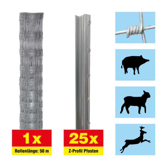 Ograja za ovce 50 m komplet Taurus super težka - višina: 100 cm, vključno z 25 Z-stolpi, vodoravne žice: 9