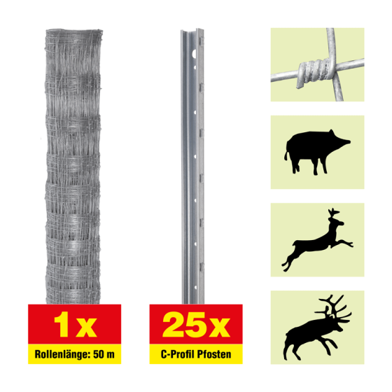 Gozdni ograja 50 m komplet Taurus za gozdarstvo - višina: 160 cm, vključno z 25 stebrički, vodoravne žice: 23