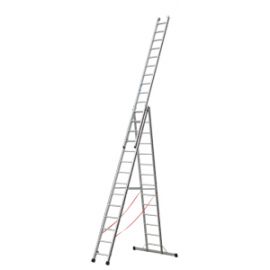 Alu večnamenske lestev 3-delna mod. S307 - število prečk: 3 x 14, dolžina lestve kot dvokraka lestev pribl. m: 3,93 m, dolžina lestve kot dvokraka lestev zvti?nim kosom pribl. m: 6,75 m, dolžina lestve kot 3-delna lestev pribl. m: 9,40 m